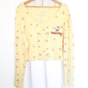 Sanrio | Hello Kitty Cherry Ribbed Cropped Button Up Y2K Retro Long Sleeve Shirt